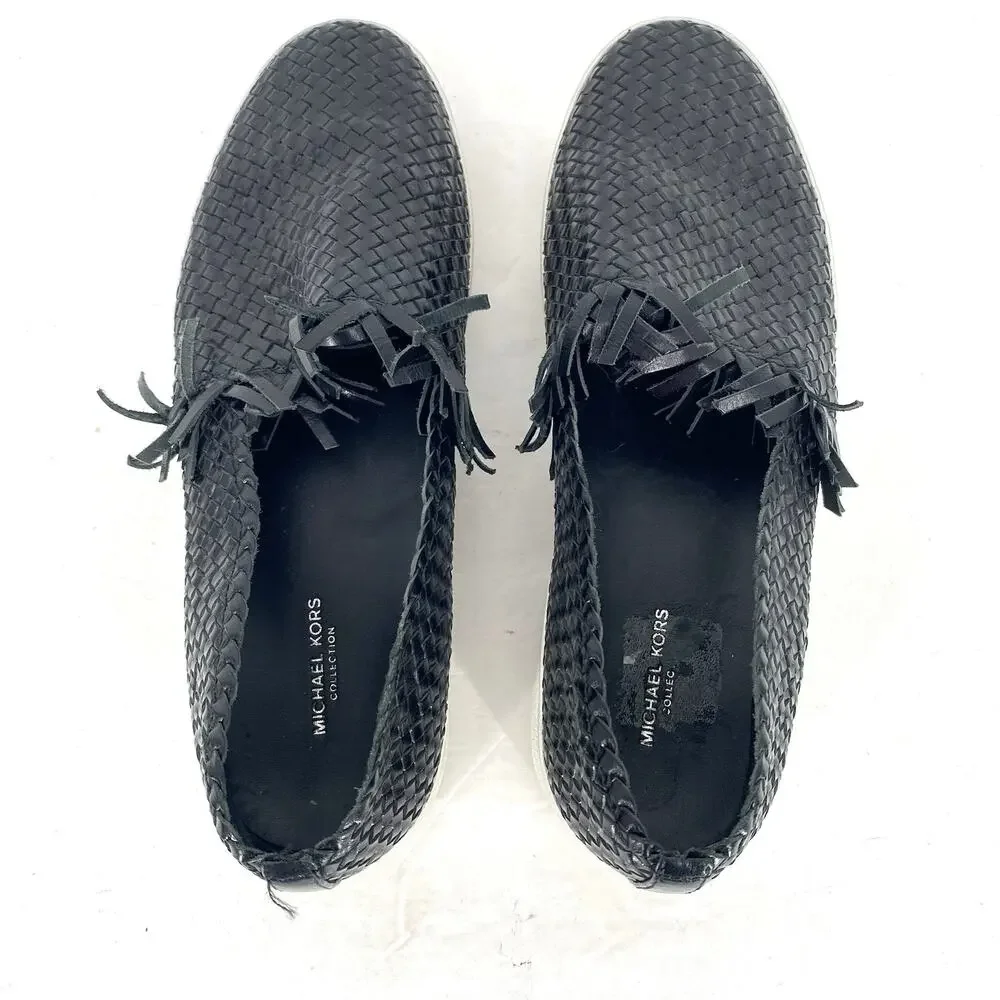 Michael Kors Rae Woven Leather Slip On Sneakers Black Womens Size 8.5